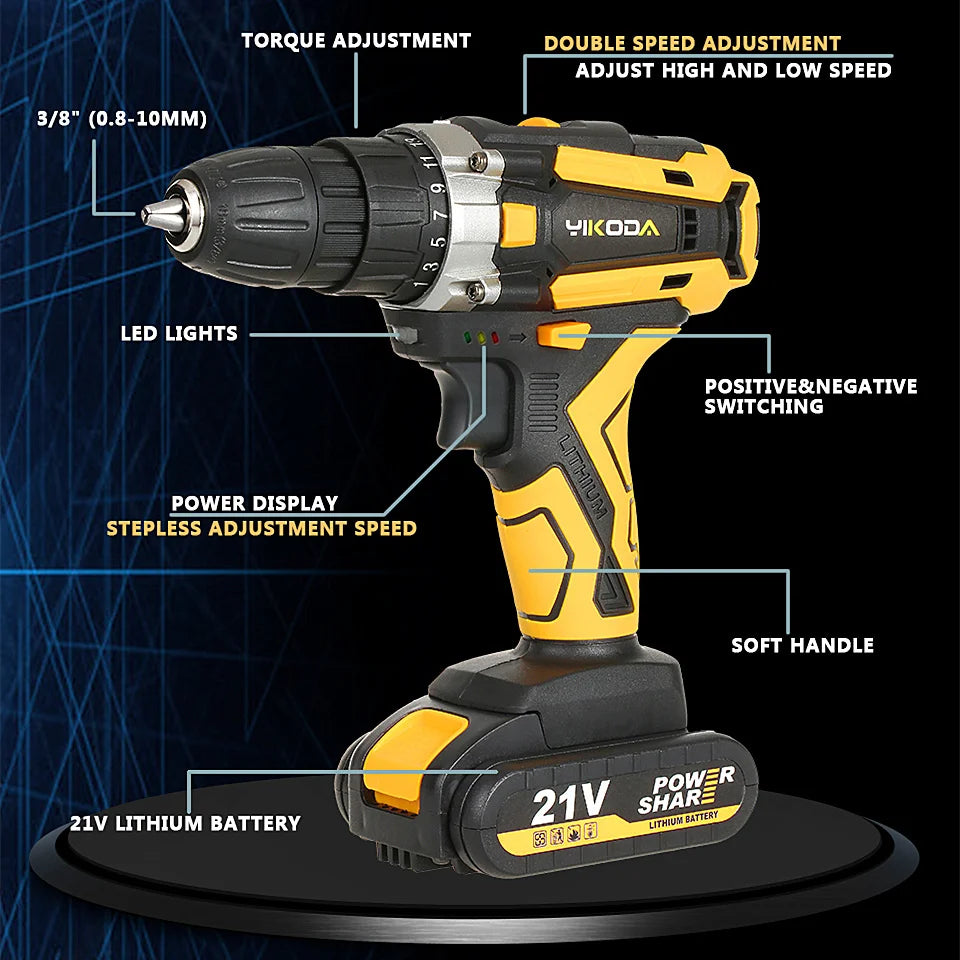 YIKODA 12/16.8/21V Cordless Drill Rechargeable Electric Screwdriver Lithium Battery Household Multi-function 2 Speed Power Tools